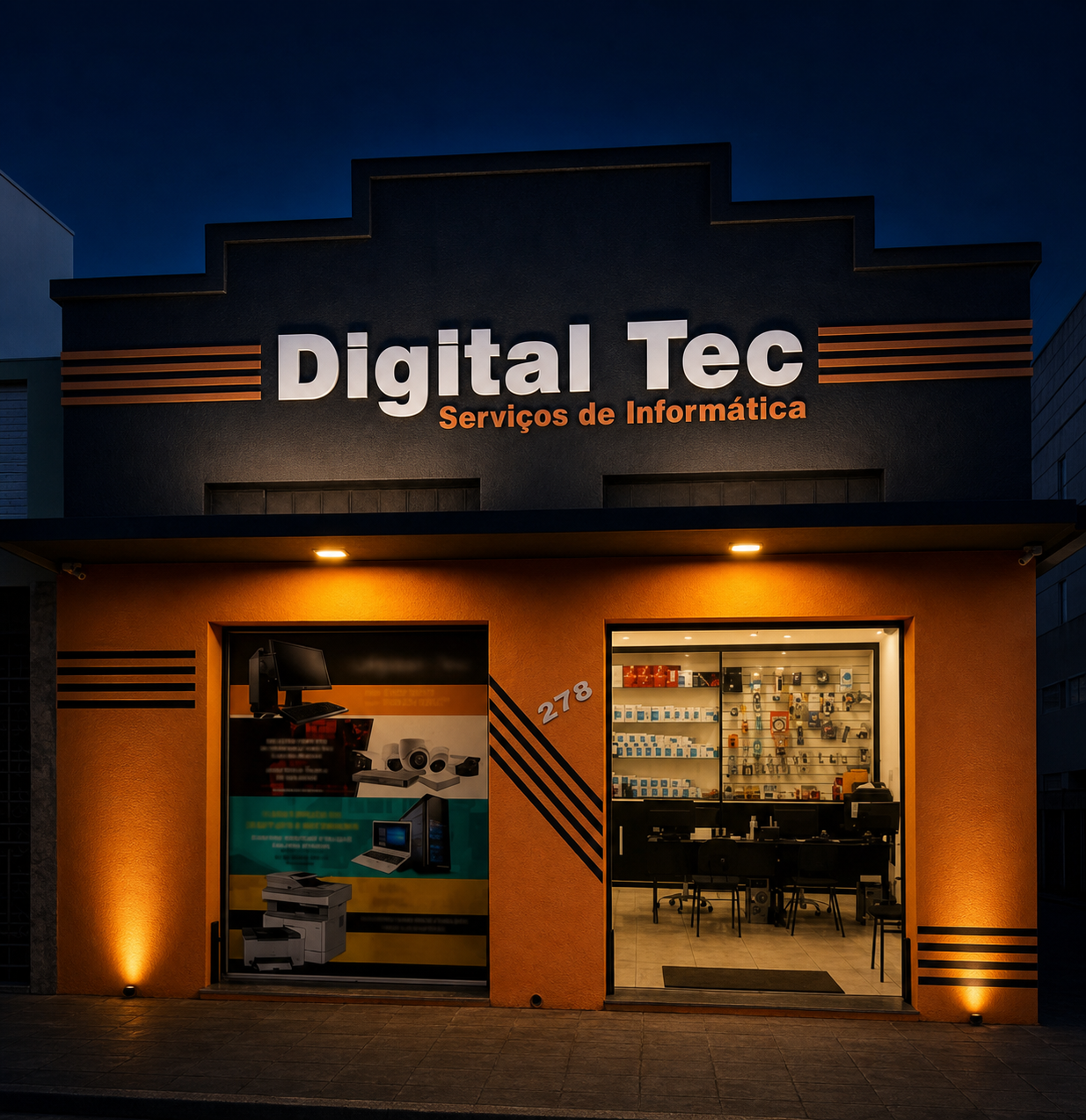 Fachada de uma empresa de tecnologia iluminada à noite